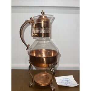 Vintage Princess House Glass Copper Party Coffee Pot Carafe With Warming Stand